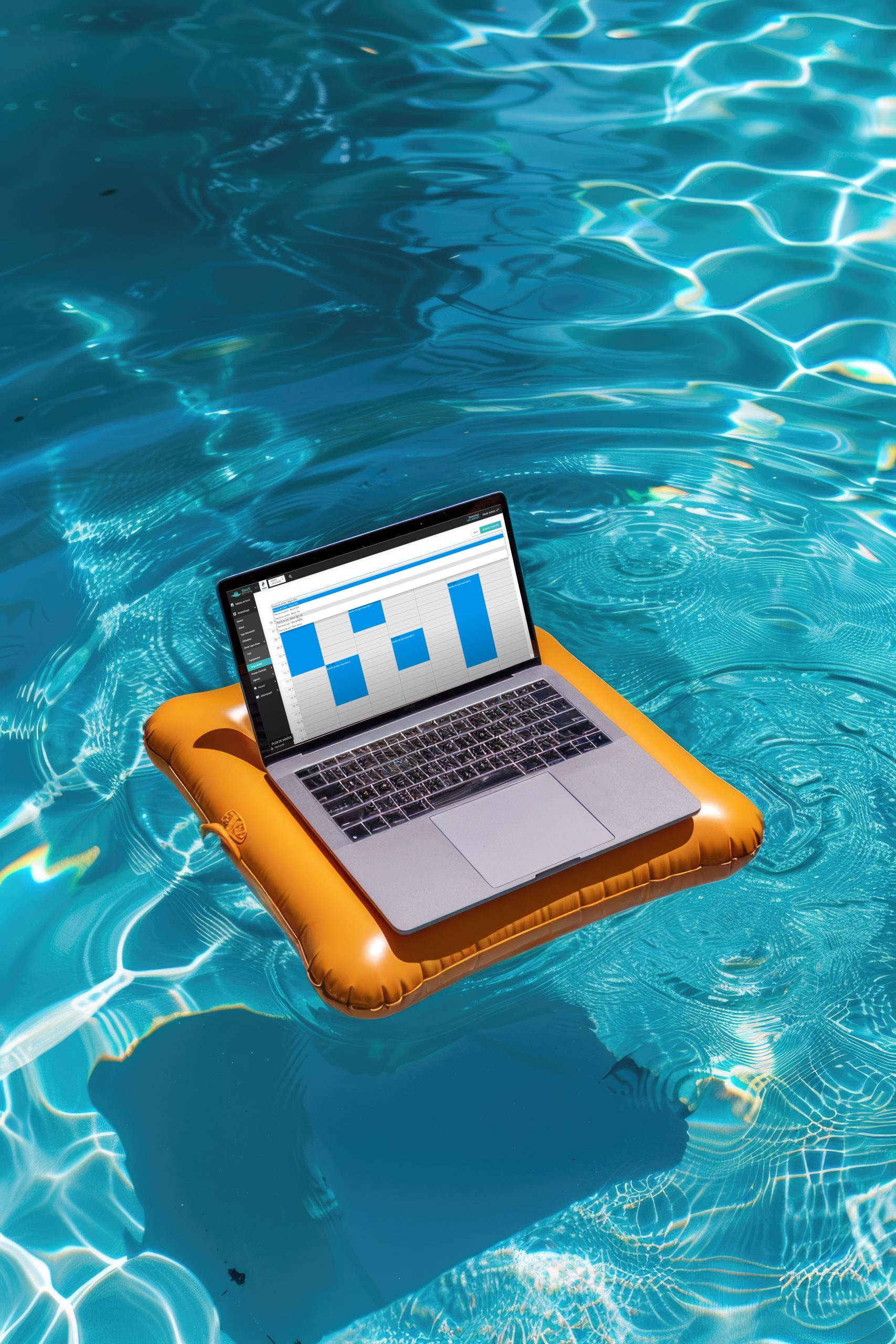 un ordinateur portable d une personne se trouve au sommet d un radeau gonflable flottant dans une piscine